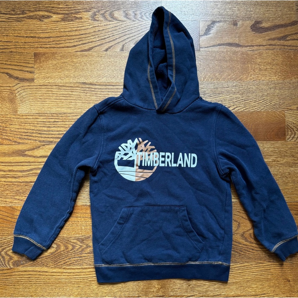 Timberland Boys Size 10 Navy Blue Tree Logo Pullover Fleece Hoodie Cotton Blend